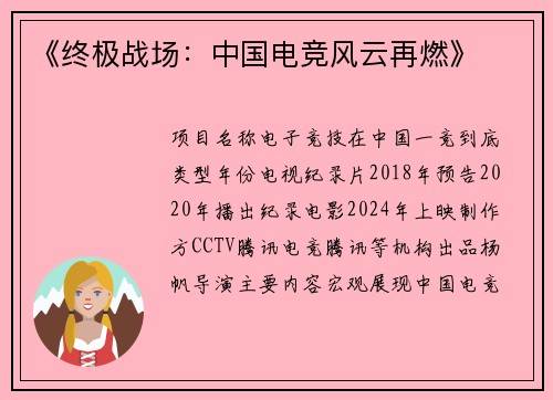 《终极战场：中国电竞风云再燃》